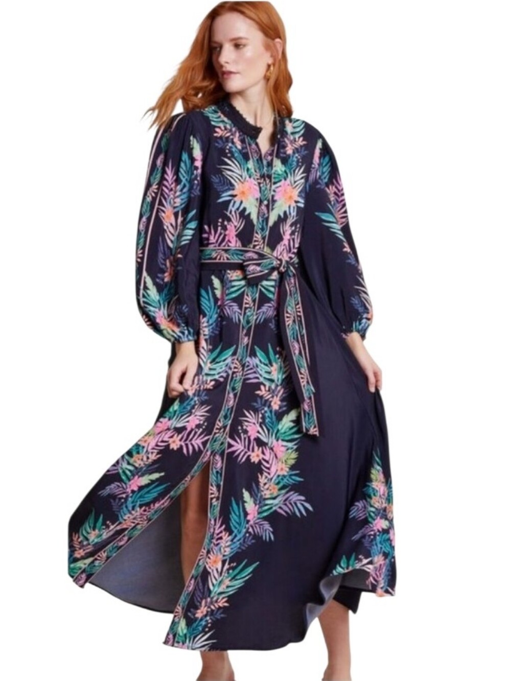 Monsoon Mirella Palm Shirt Dress With Belt Black Size 12